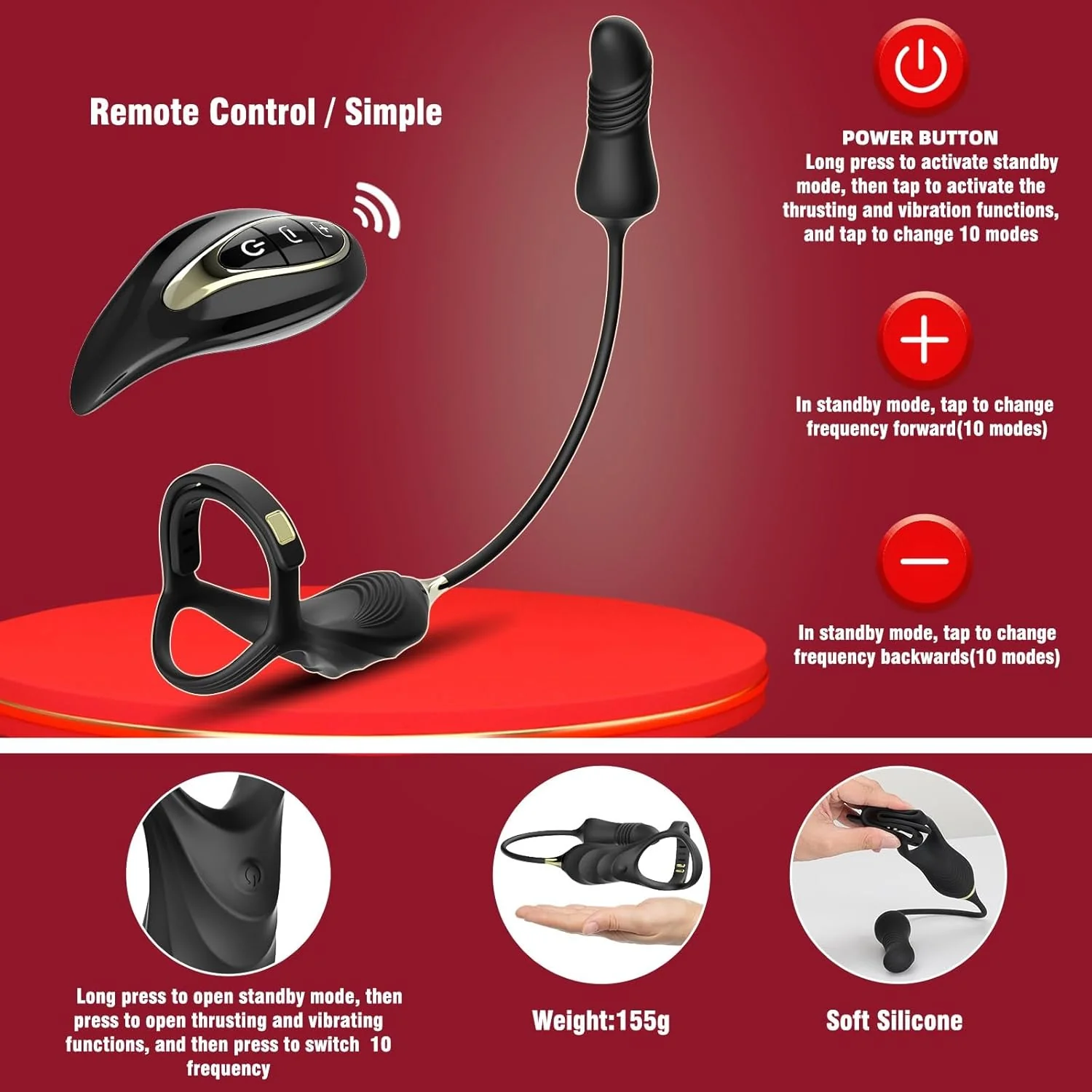 2 In 1 penis Ring thrusting anal Prostate Massager with Adjustable ring buckle - Image 7