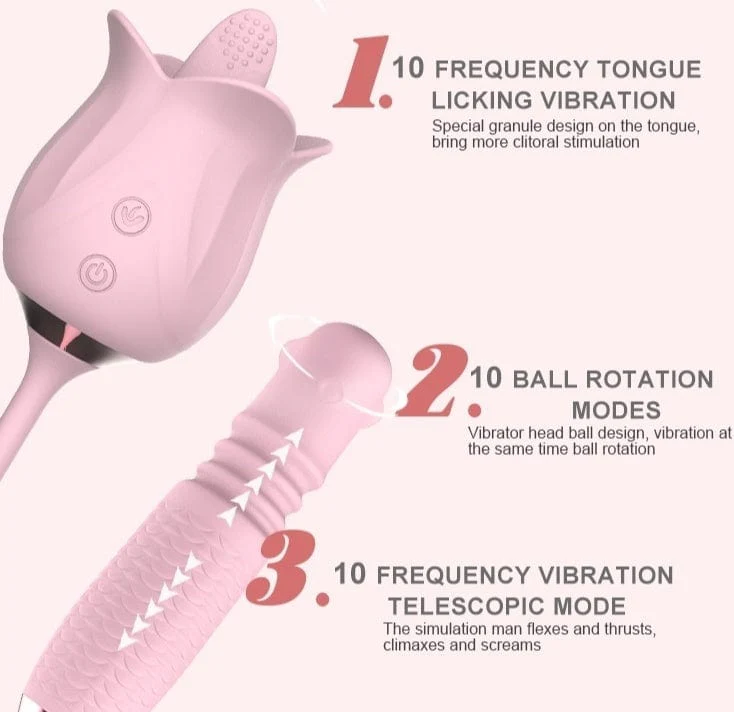 3-in-1 Blooming Sexy Pink Rose Toy Rotating Pearls Telescopic Tongue-licking Vibrator - Image 2