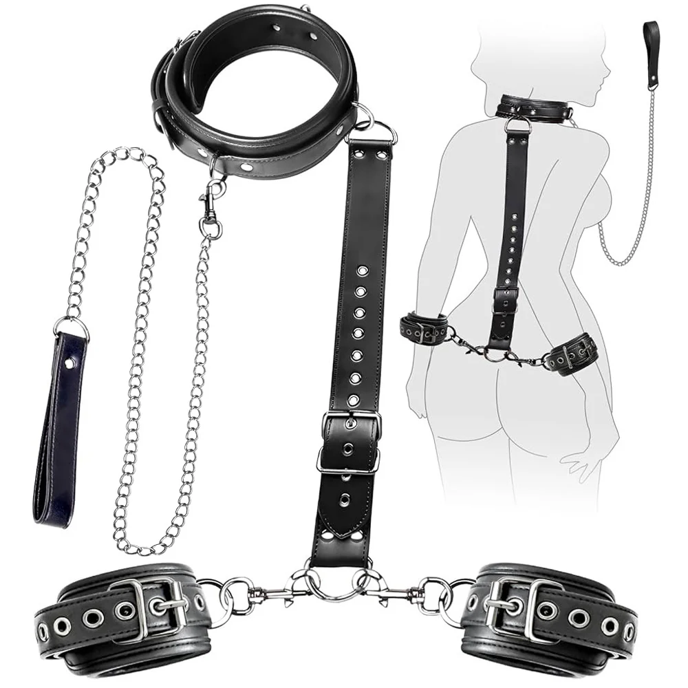 BDSM Bondage Neck to Wrist Restraints Kit with Traction Chain