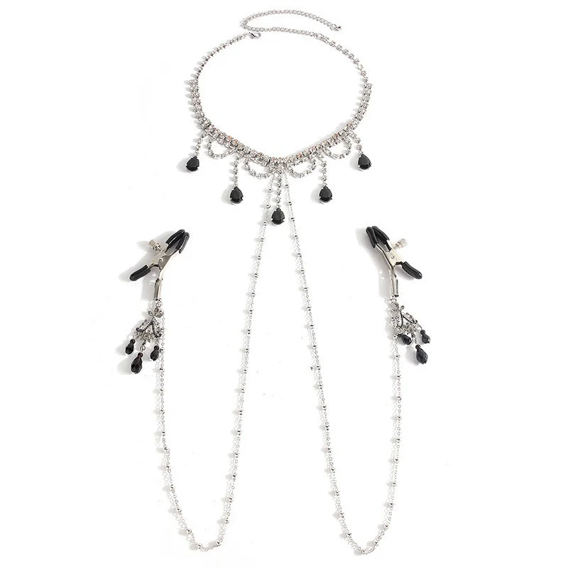 Exquisite Black Gem Diamond Choker with Nipple Clamps - Image 7