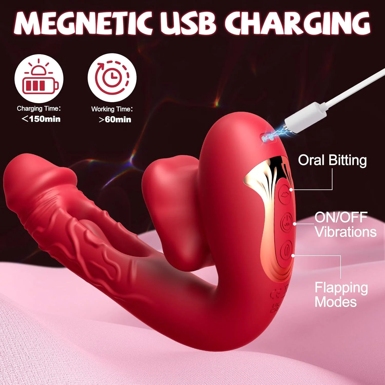 Rose Muncher 3-in-1 G Spot Vibrator Dildo with 10 Flapping & Vibrating & Licking Biting Modes - Image 6