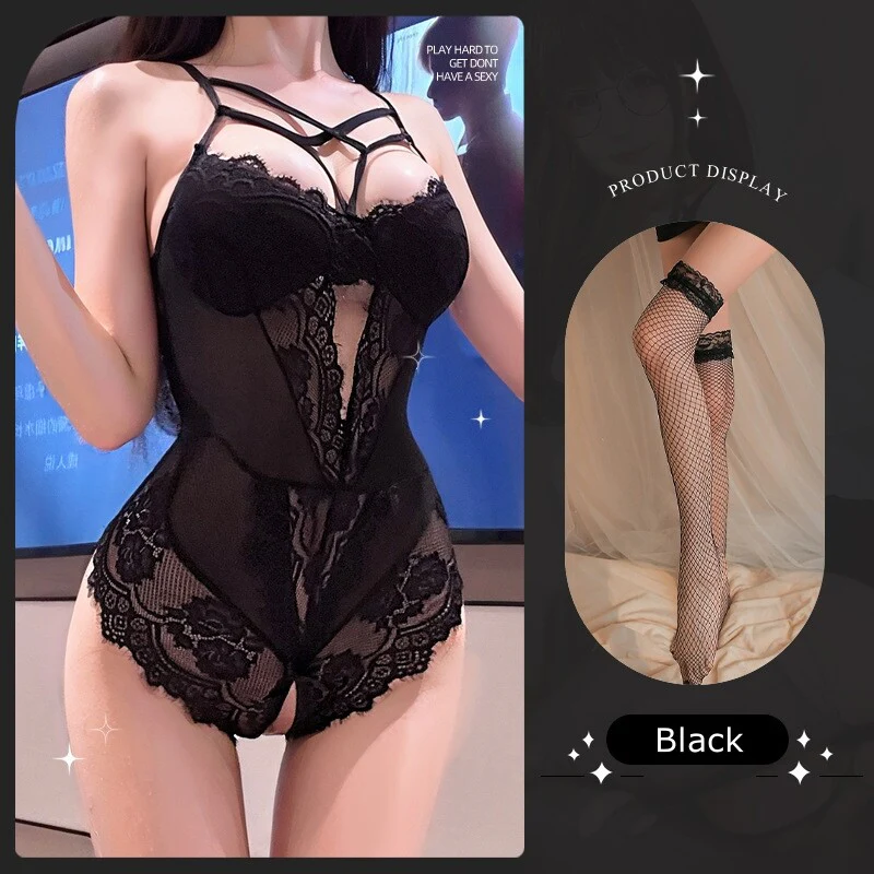 Sexy Mesh Open-Crotch Lace Bodysuit - Image 8